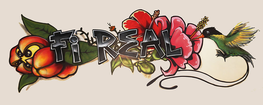 The hand-painted Fi Real mural, from their own wall
